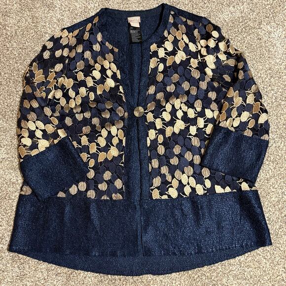 Chico's Tops - Chico’s Travelers Jacket Cardigan Women’s Sz 1 / L Navy Gold Embroidered Sheer